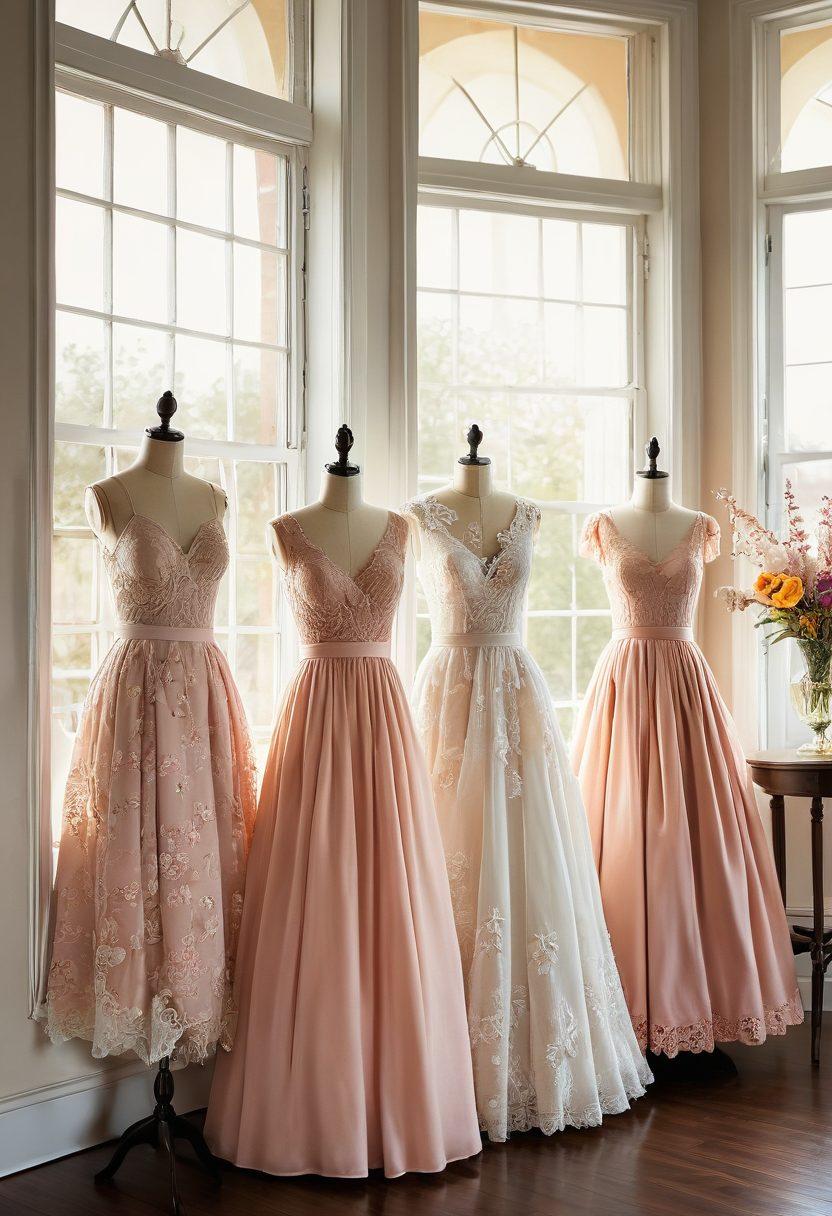 A stylish boutique interior showcasing a diverse range of romantic dresses on elegant mannequins. Soft pastel colors dominate the scene, with flowing fabrics and delicate lace detailing highlighted. A fashion-forward woman browsing through dresses and vibrant floral accents add charm to the atmosphere. Natural light pouring in through large windows creates a warm, inviting ambiance. vintage aesthetic. soft focus. vibrant colors. natural lighting.