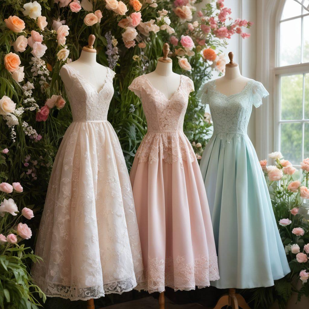 An elegant display of various dresses in romantic styles, showcased on mannequins in a beautiful garden setting, with lush blooming flowers and soft pastel colors in the background. Each dress should represent different occasions like weddings, cocktail parties, and casual brunches, adorned with delicate lace and flowing fabrics. A gentle breeze rustles the leaves, adding a whimsical touch to the atmosphere. vibrant colors. dreamy aesthetic. natural lighting.